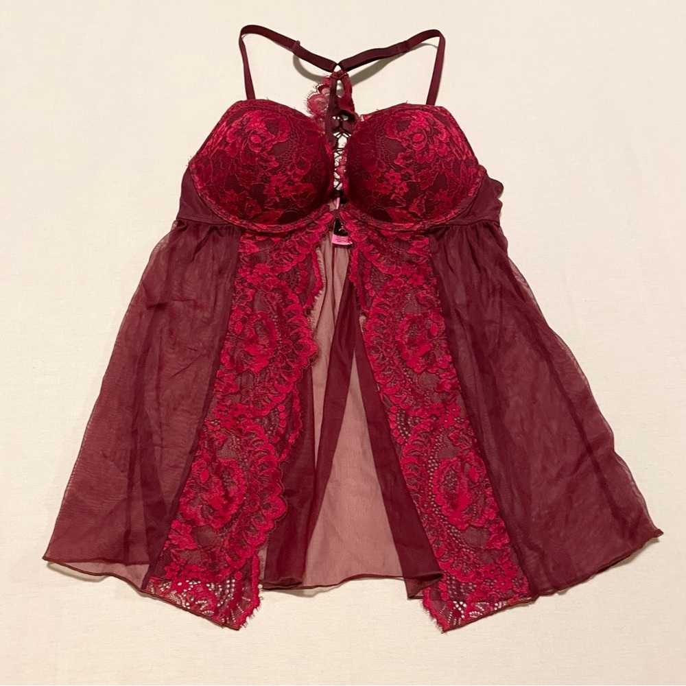 La Senza Burgundy Lace & Mesh Flyaway Babydoll Size M